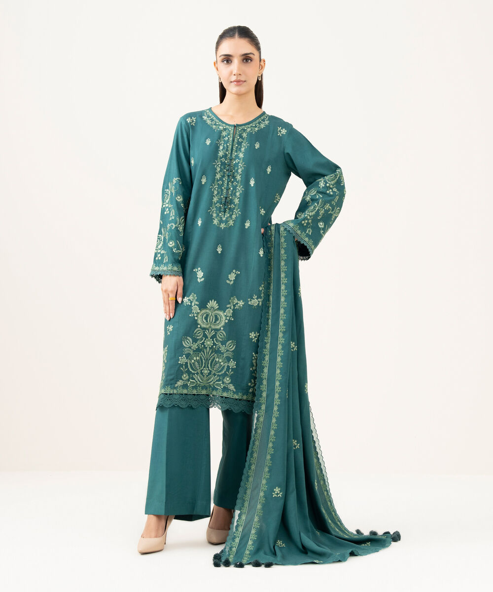 Women's Unstitched Embroidered Linen Teal Green 3 Piece Suit