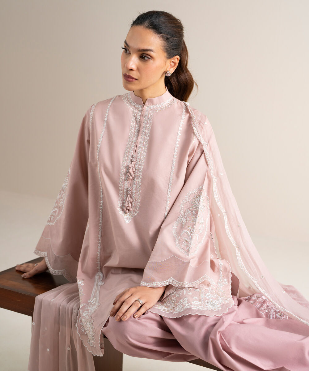 Women's Unstitched Slub Lawn Embroidered Pink 3 Piece Suit