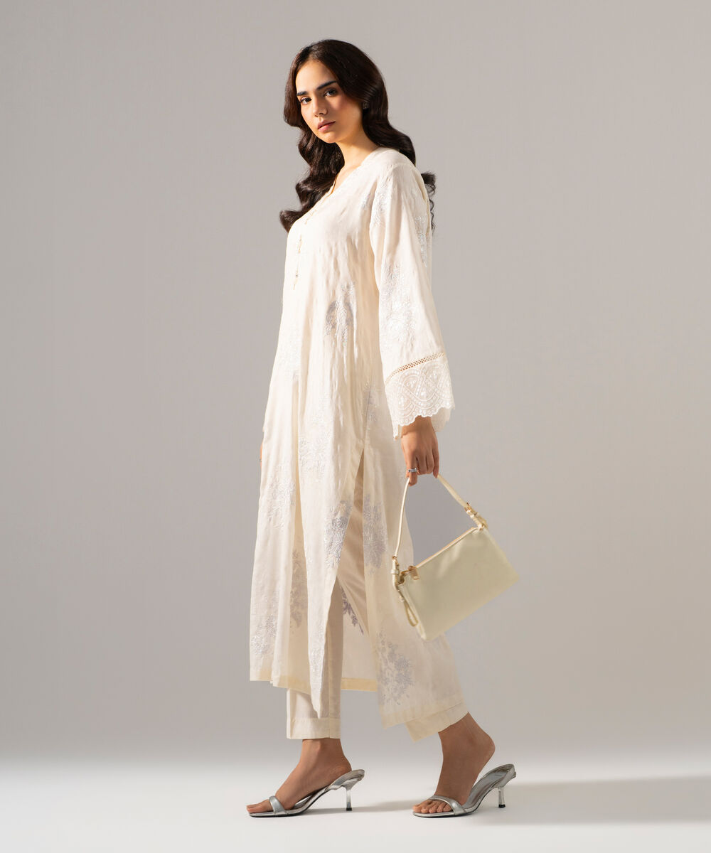 Women's RTW Self Jacquard Solid Embroidered Off White 2 Piece Suit