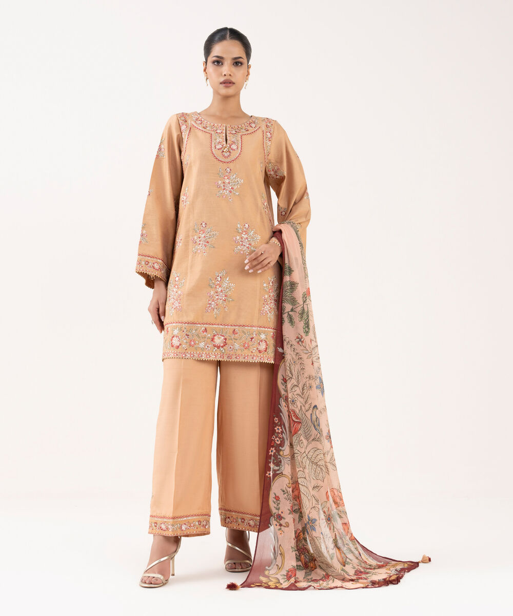 Women's RTW Silk Cotton Net Embroidered Pink Three Piece Suit