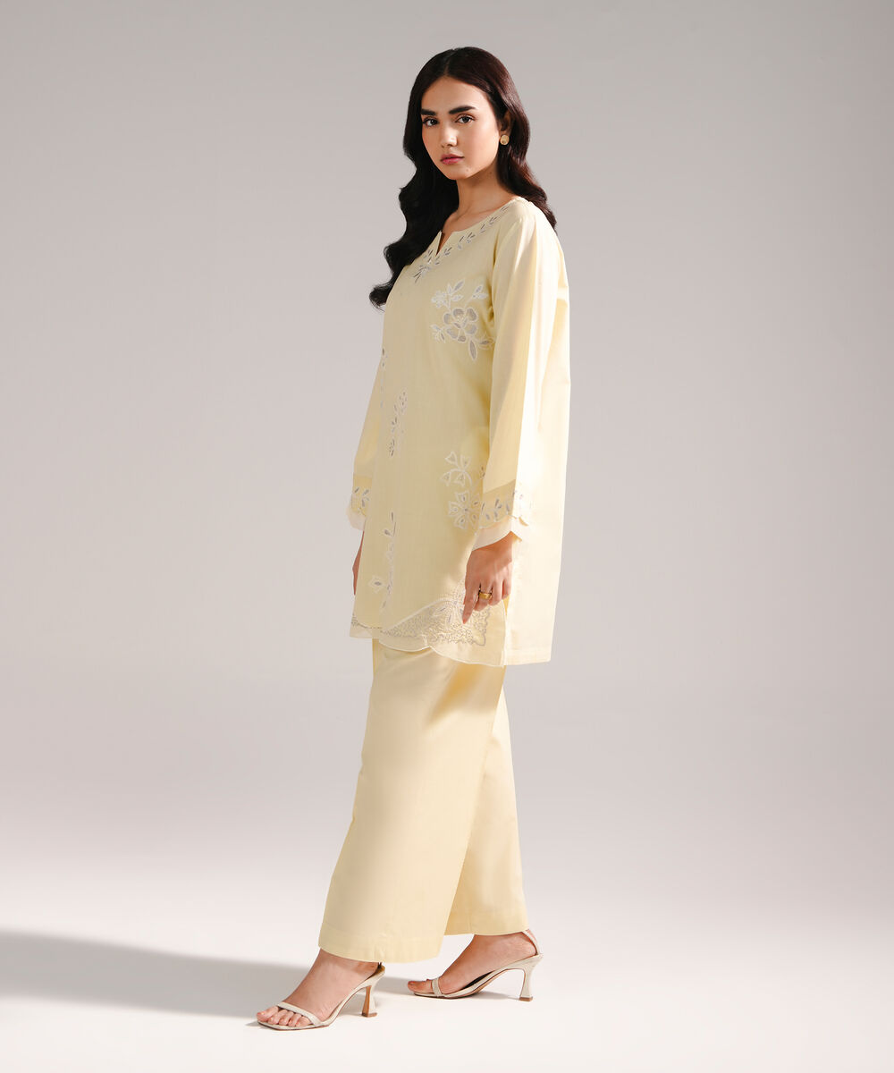 Women's RTW Cross Hatch Embroidered Pale Yellow Straight Shirt