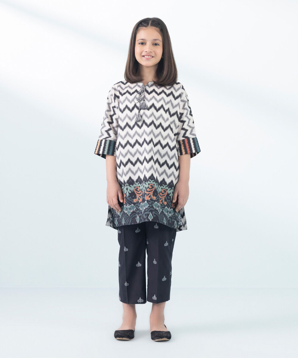 Girls - Off White 2 Piece - Printed Cambric Suit