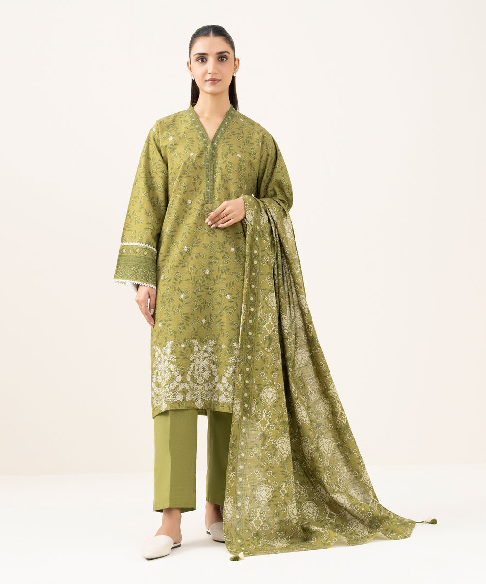 Women's Unstitched Cotton Embroidered Green 2 Piece Suit
