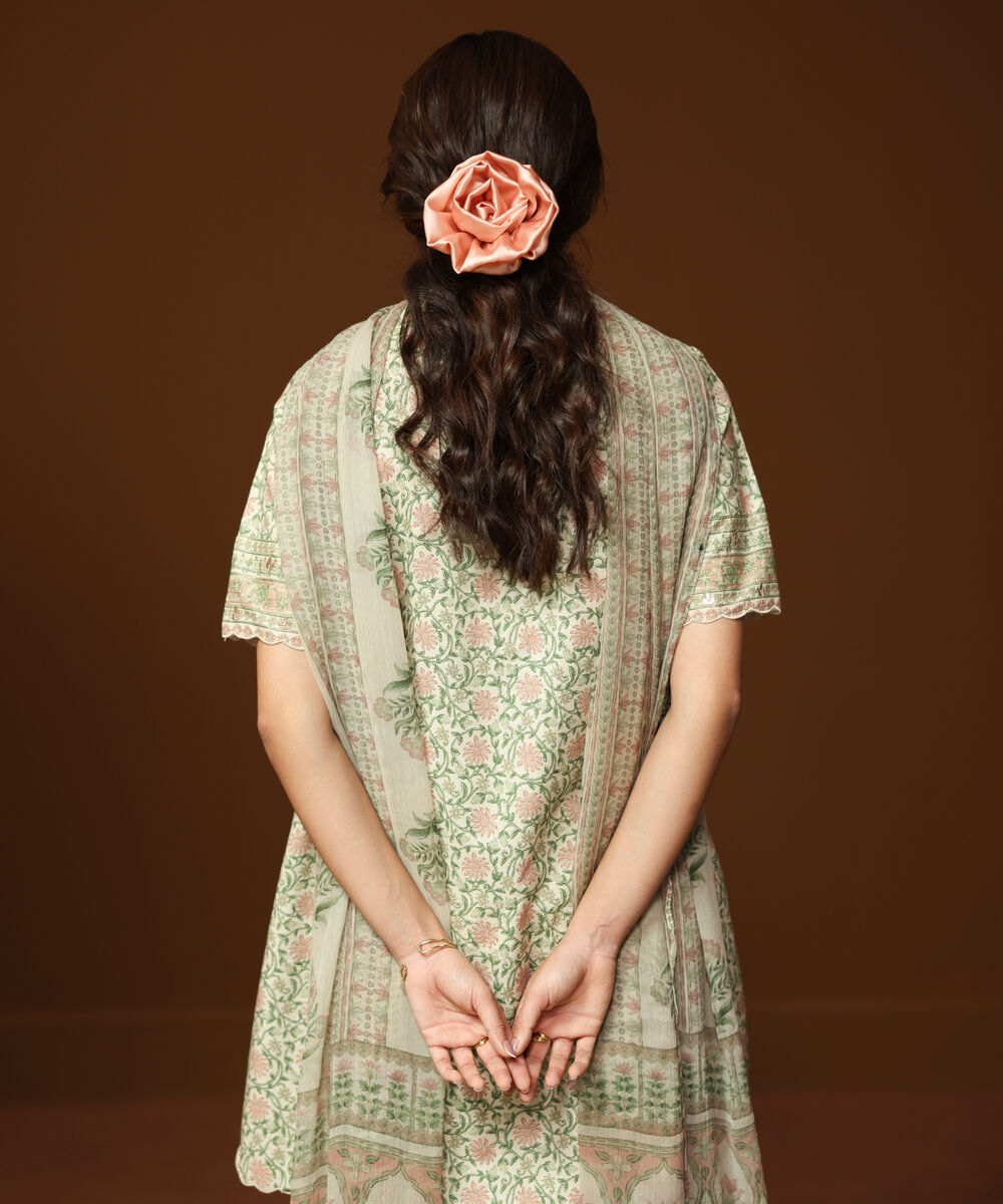 Women's Unstitched Lawn Embroidered Beige 3 Piece Suit