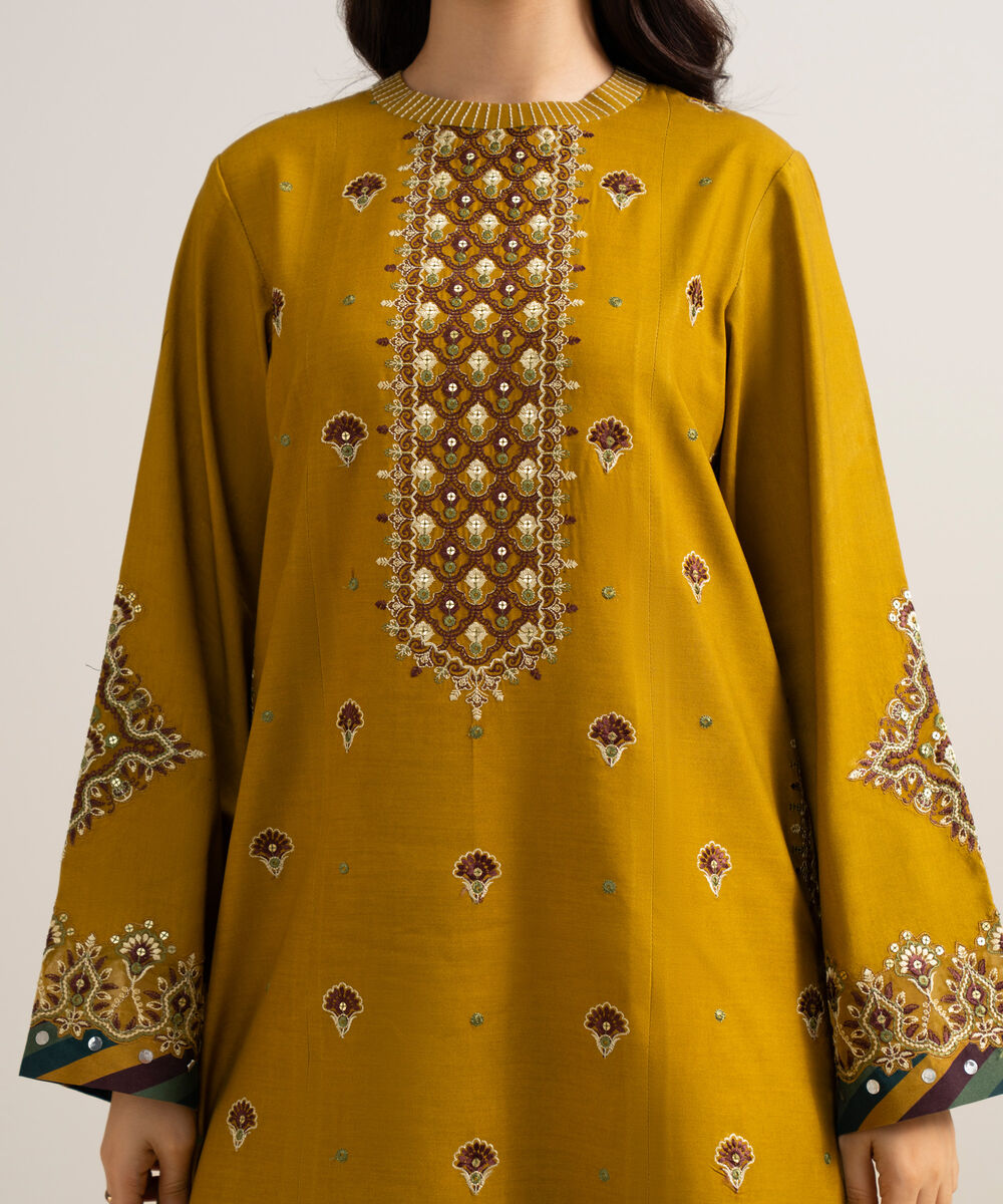 Women's Unstitched Embroidered Linen Mustard 3 Piece Suit