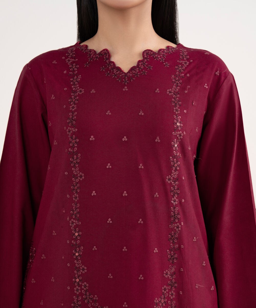 Women's Unstitched Linen Embroidered Red 3 Piece Suit