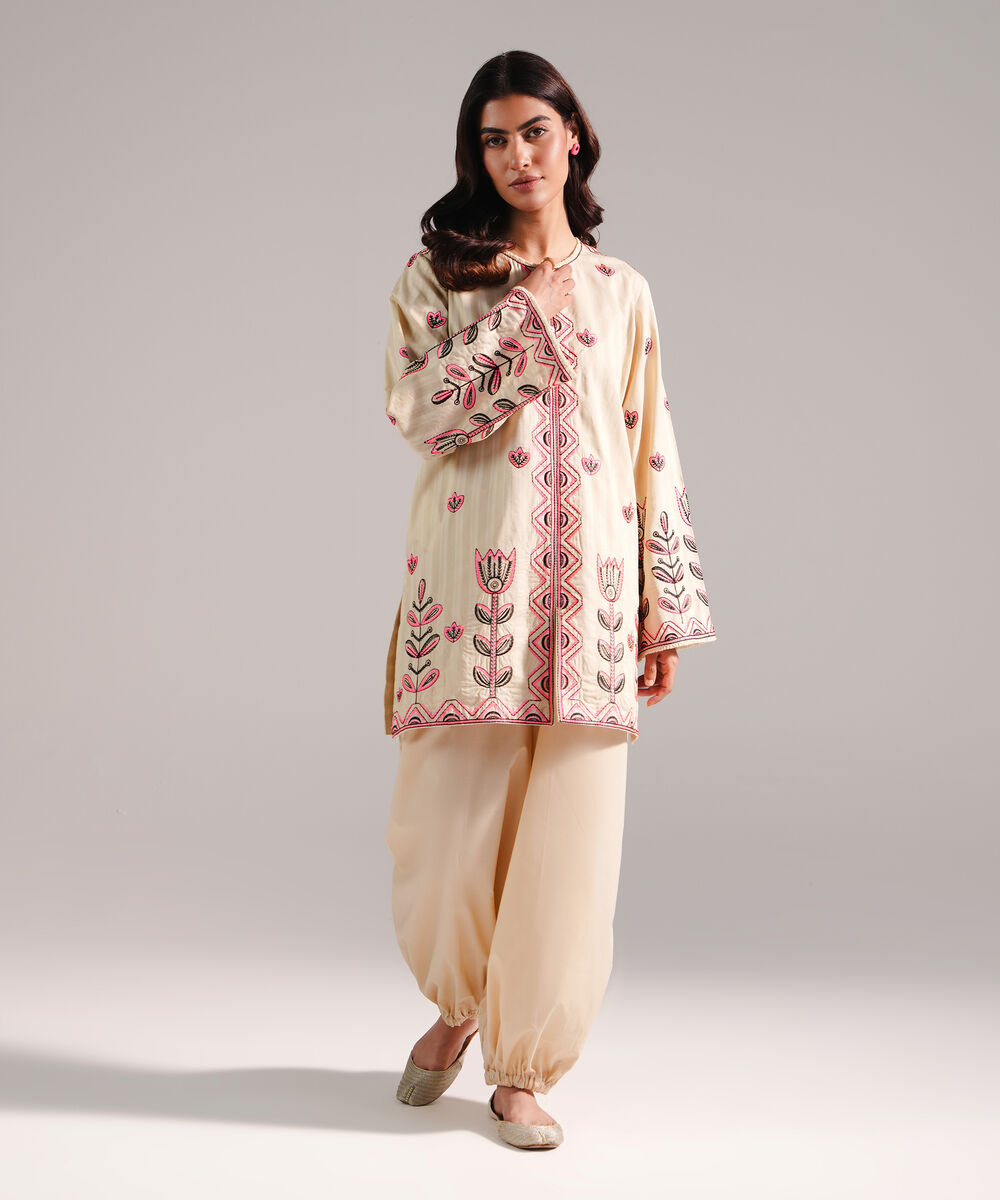 Women's RTW Dobby Embroidered Beige 2 Piece Suit