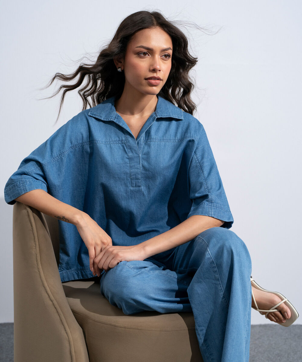 Women's Western Mid Blue Wash Denim Top With Kimono Sleeve