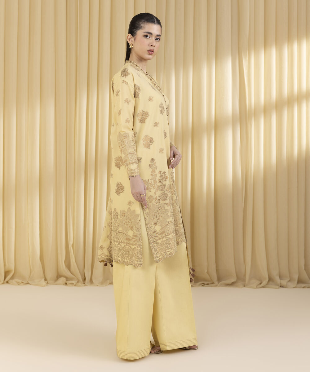 Unstitched Women's Yellow Extra Weft Jacquard 3 Piece Suit