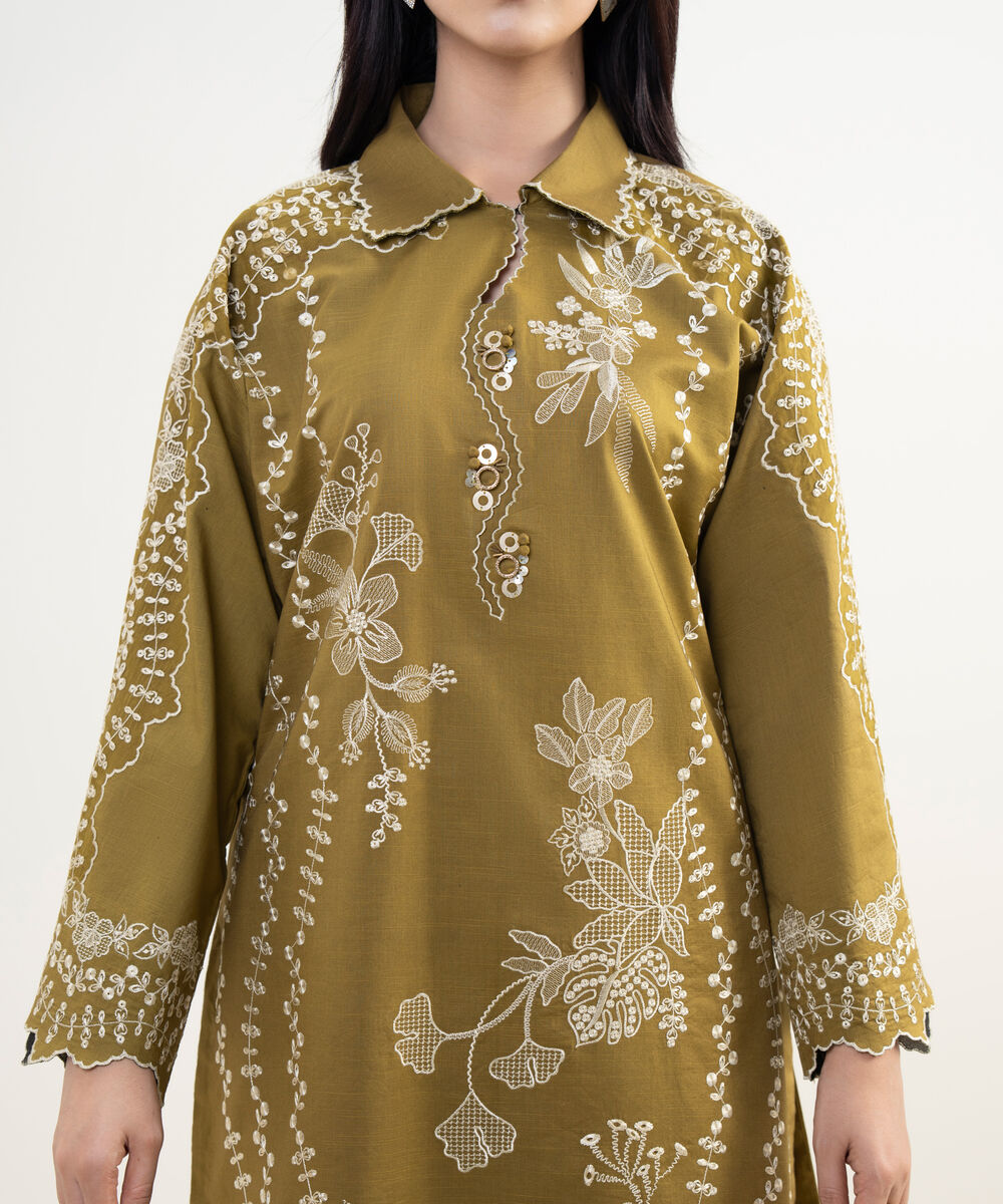 Women's Unstitched Textured Lawn Embroidered Brown 3 Piece Suit