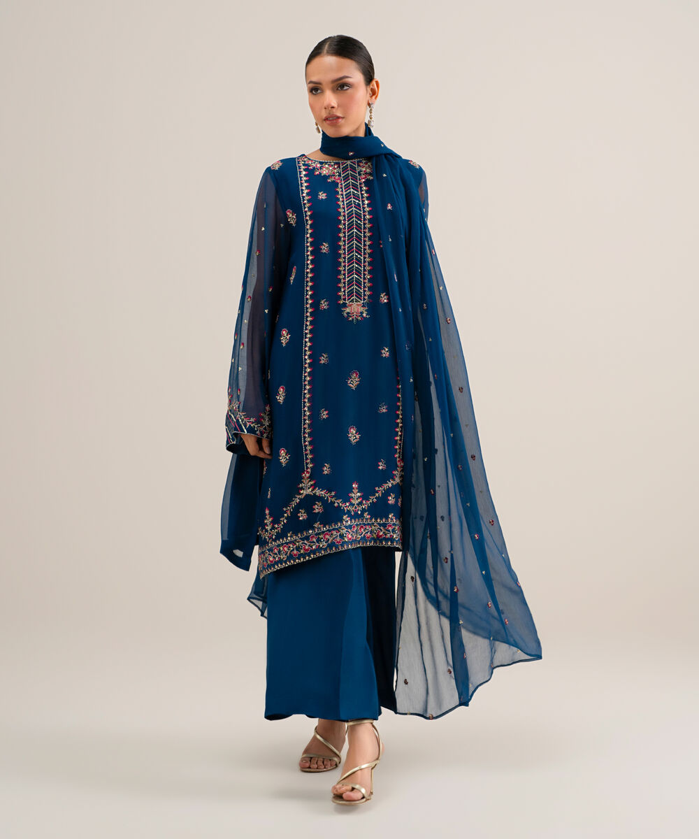 Women's Unstitched Embroidered Blended Chiffon Teal Blue 3 Piece Suit