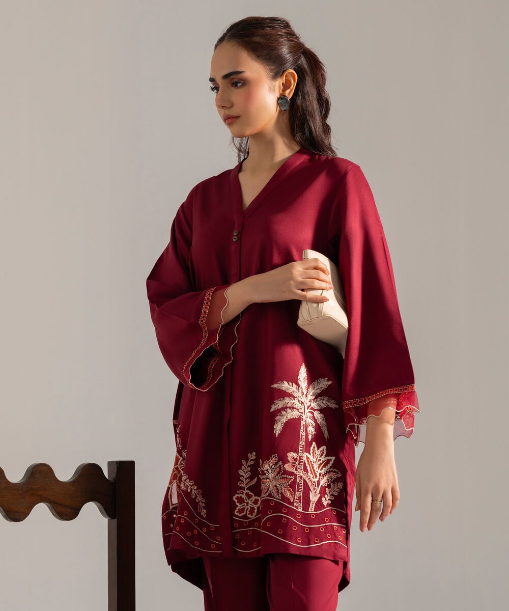 Women's RTW Solid Embroidered Maroon Bedford Shirt
