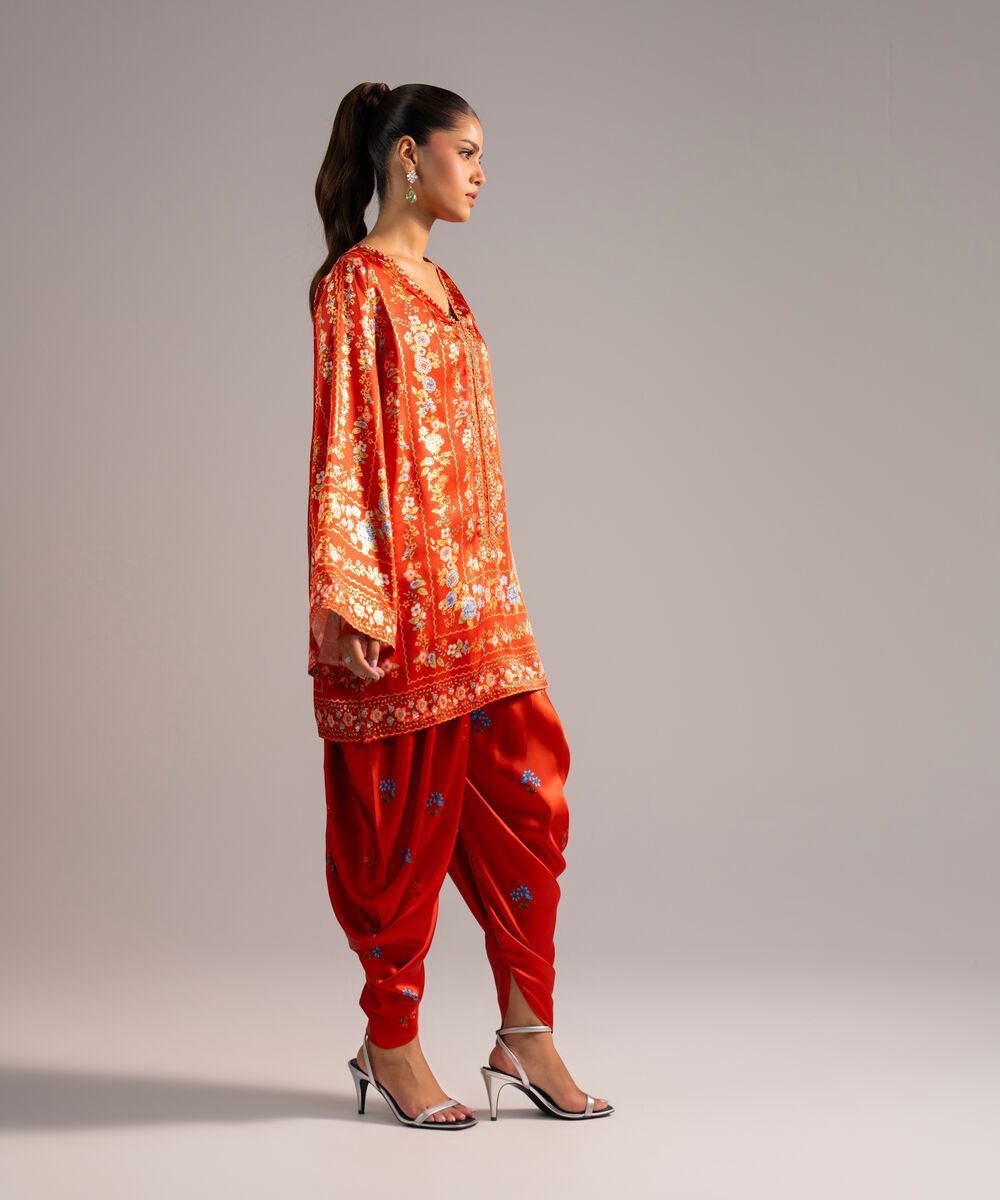 Women's RTW Blended Satin Printed Rust 2 Piece Suit