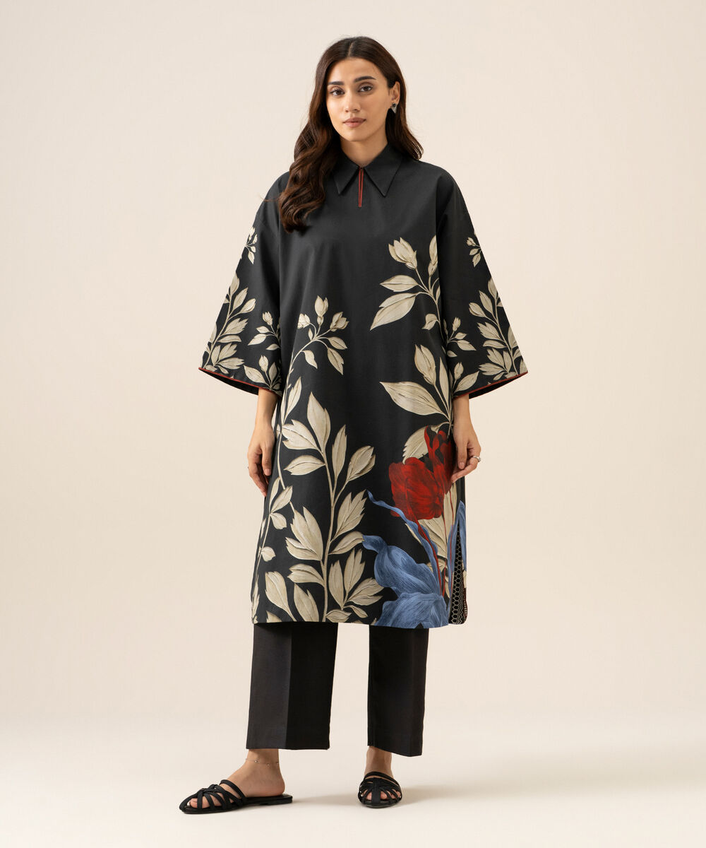 Women's Unstitched Cotton Printed Black 2 Piece Suit