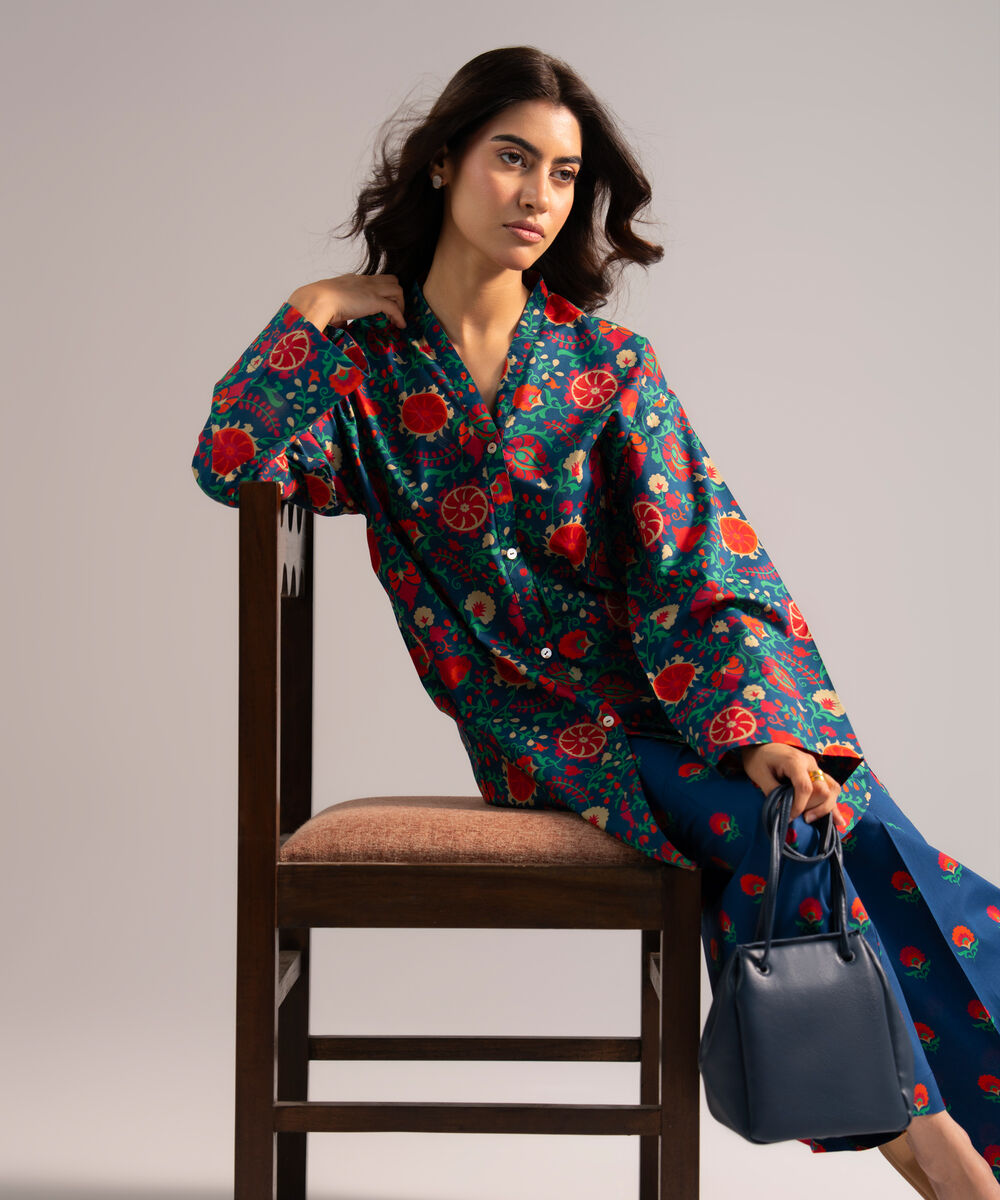 Women's RTW Lawn Printed Dark Blue 2 Piece Suit