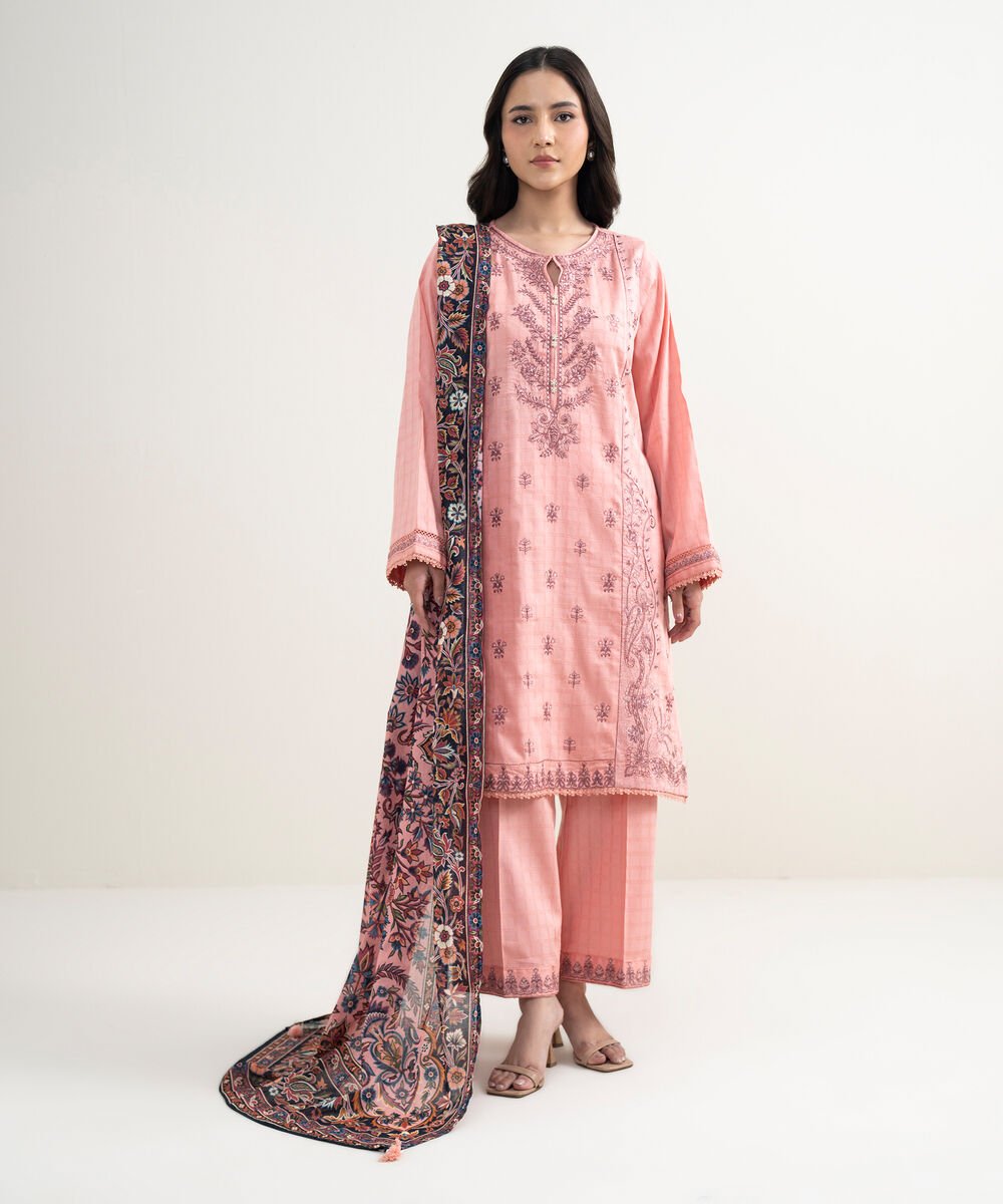 Women's RTW Dobby Embroidered Pink 3 Piece Suit
