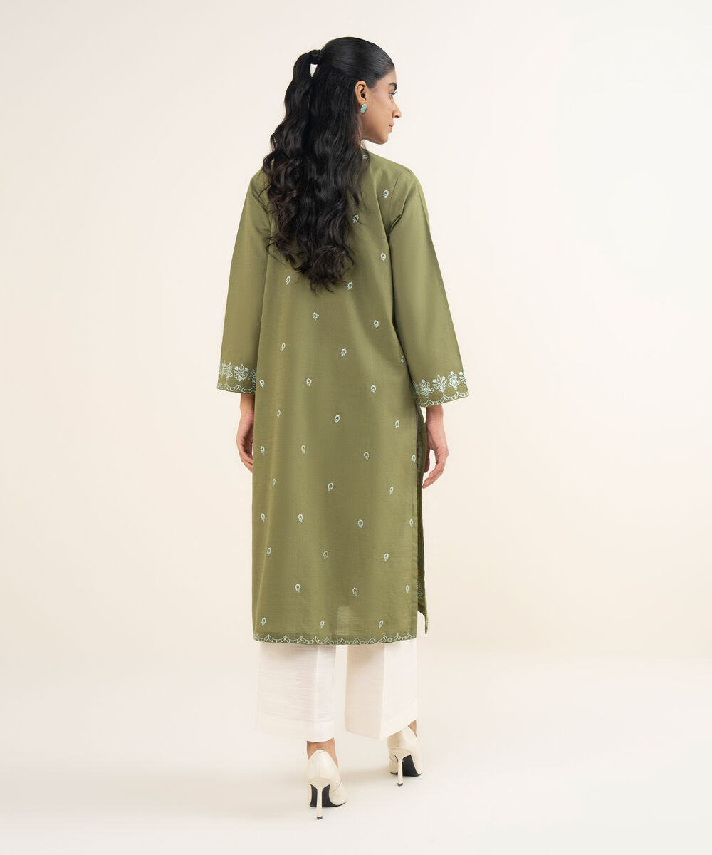 Women's RTW Light Khaddar Embroidered Green A-Line Shirt