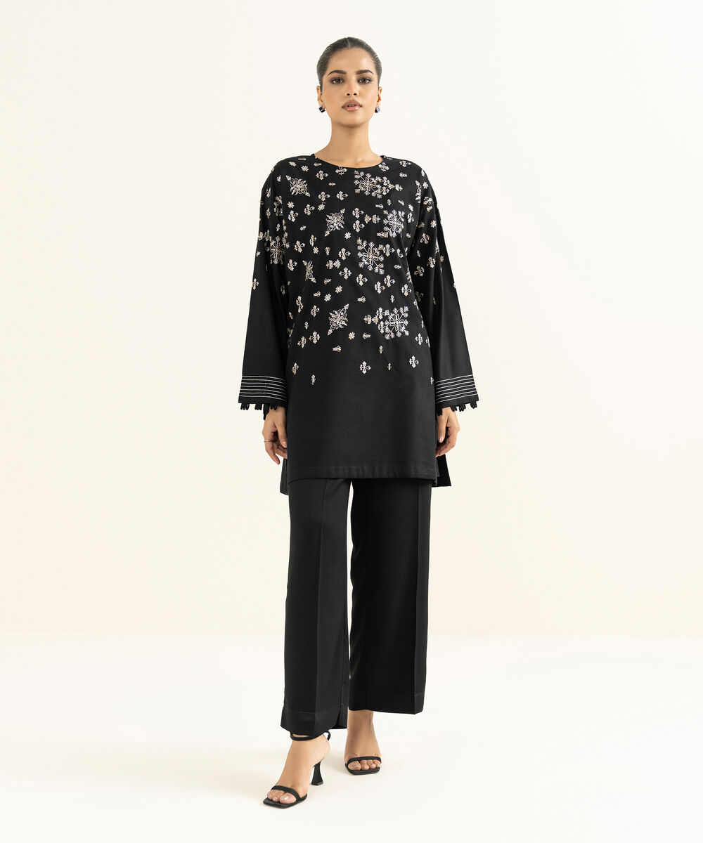 Women's RTW Bedford  Embroidered Black Boxy Shirt