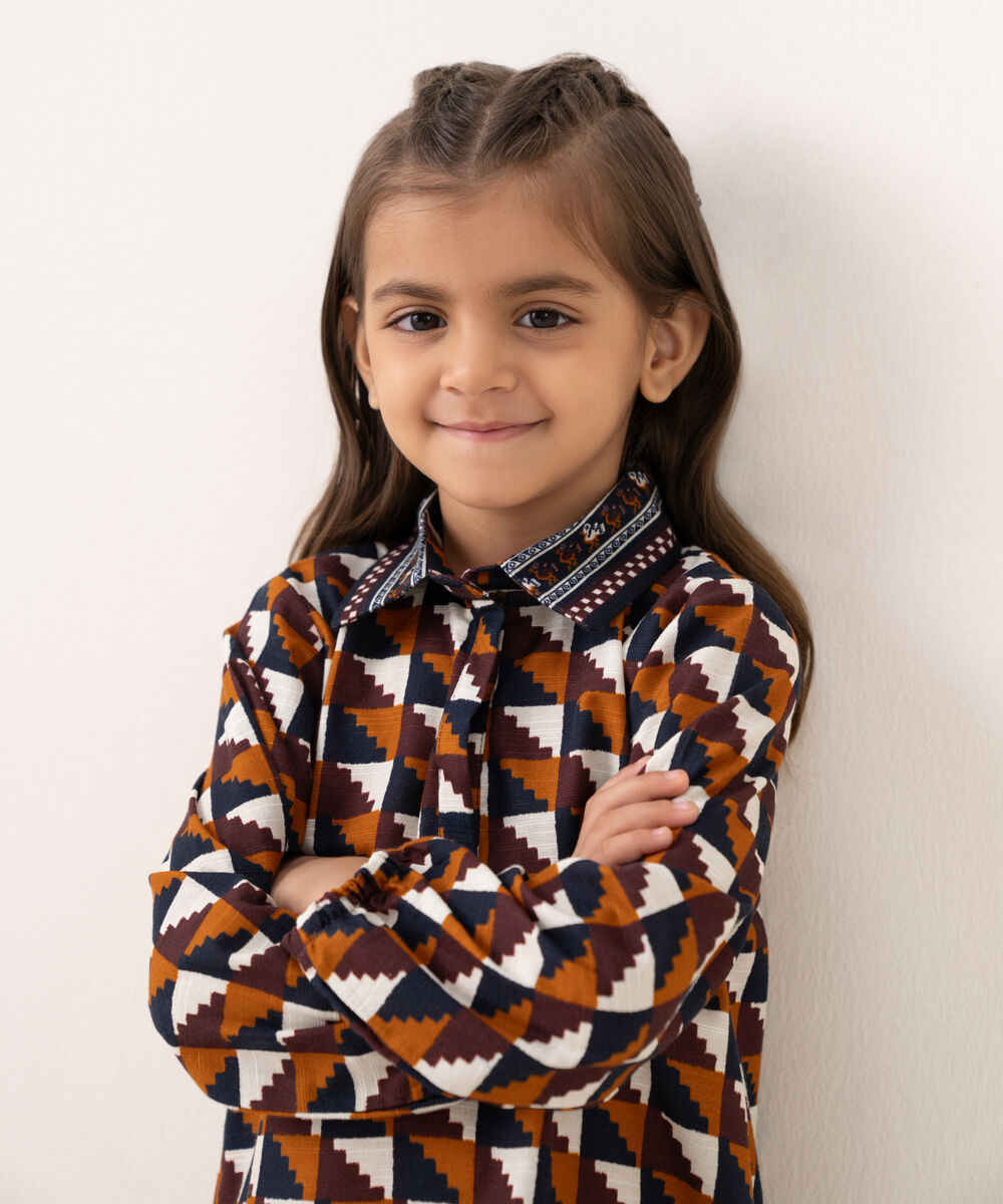 Girl's Light Khaddar Printed Brown 2 Piece Suit
