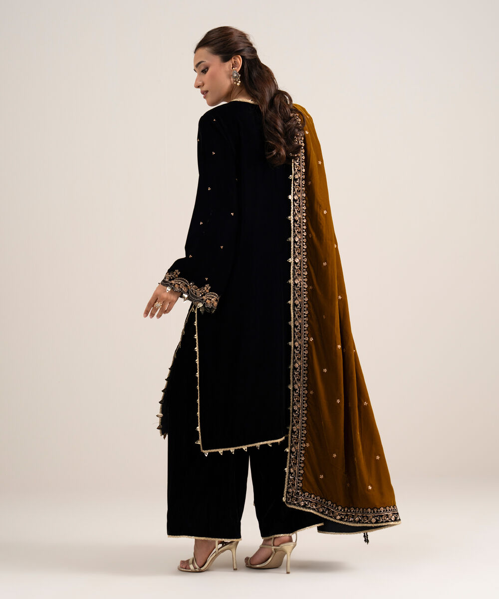 Women's Unstitched Embroidered Velvet Black 3 Piece Suit