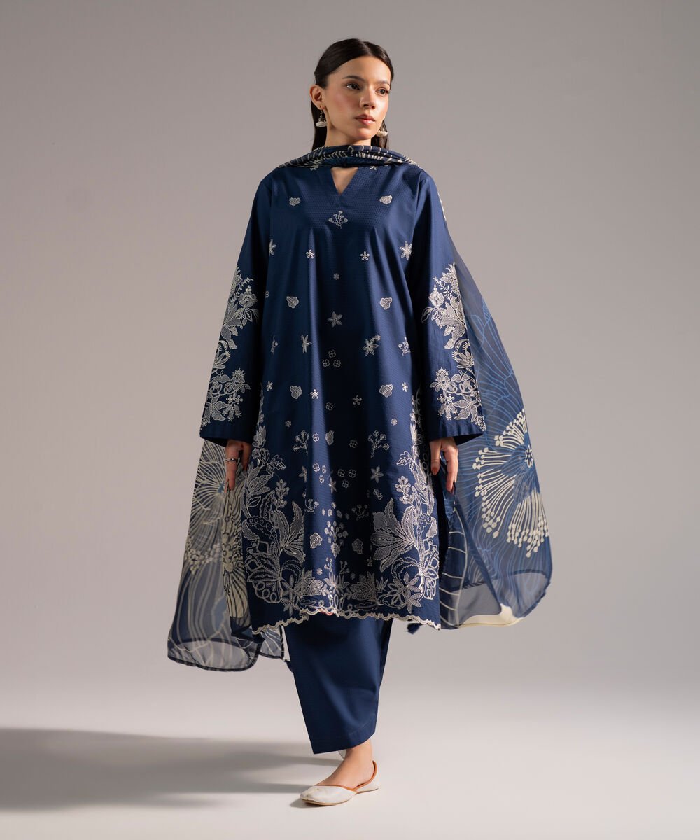 Women's RTW Dobby Embroidered Dark Blue 3 Piece Suit