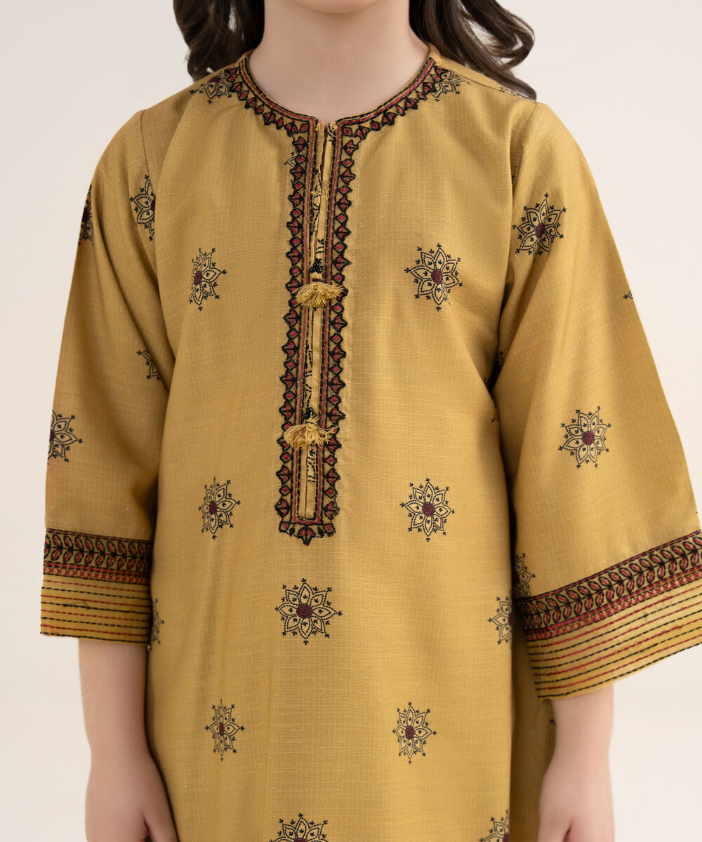 Girl's Herringbone Embroidered Mustard 2 Piece Set