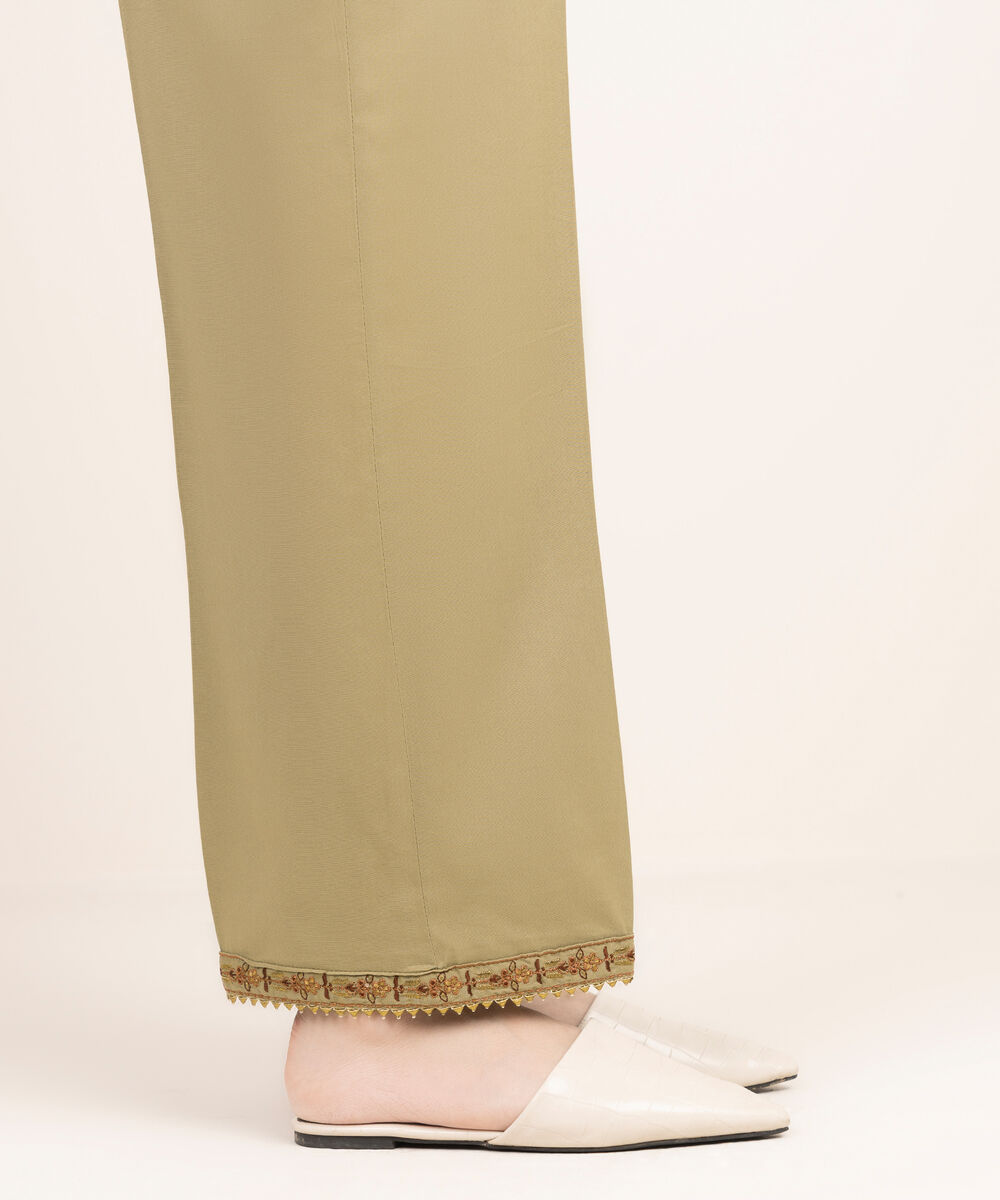 Women's RTW Cotton Viscose Embroidered Beige Straight Pants