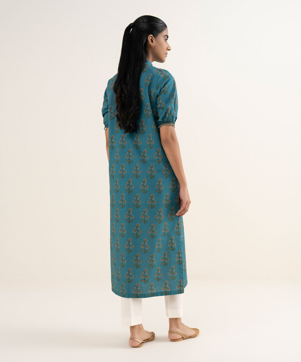 Women's Unstitched Cotton Printed Blue Shirt