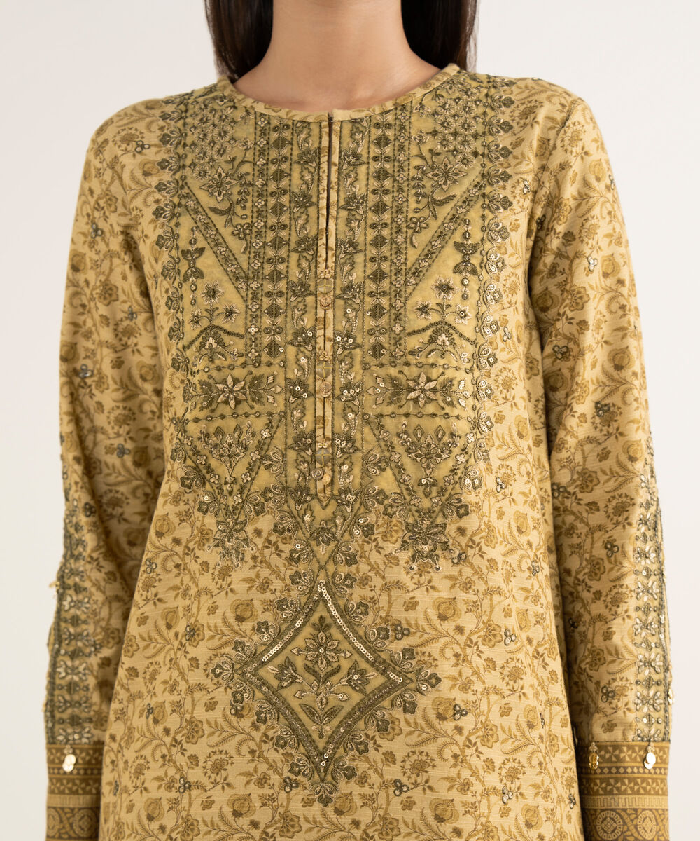 Women's Unstitched Textured Cotton Embroidered Yellow 3 Piece Suit