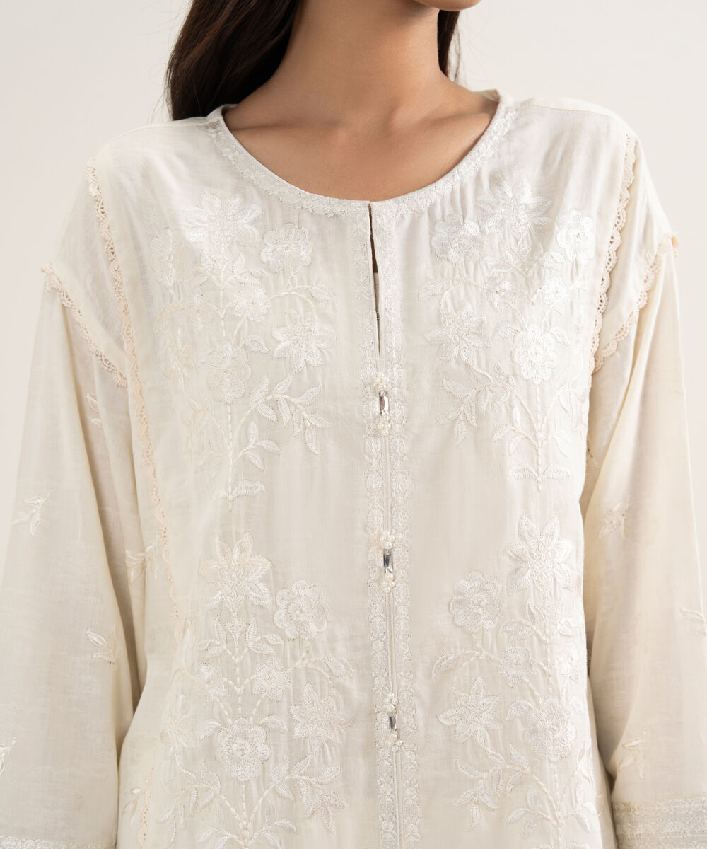 Women's RTW Self Jacquard Embroidered Off White Drop Shoulder Shirt