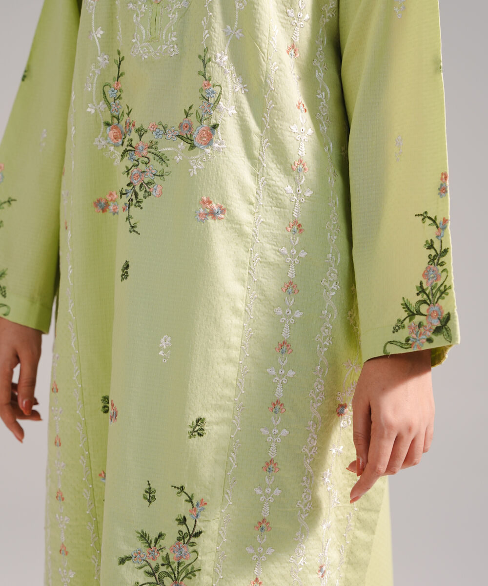 Women's RTW Dobby Embroidered Green 3 Piece Suit