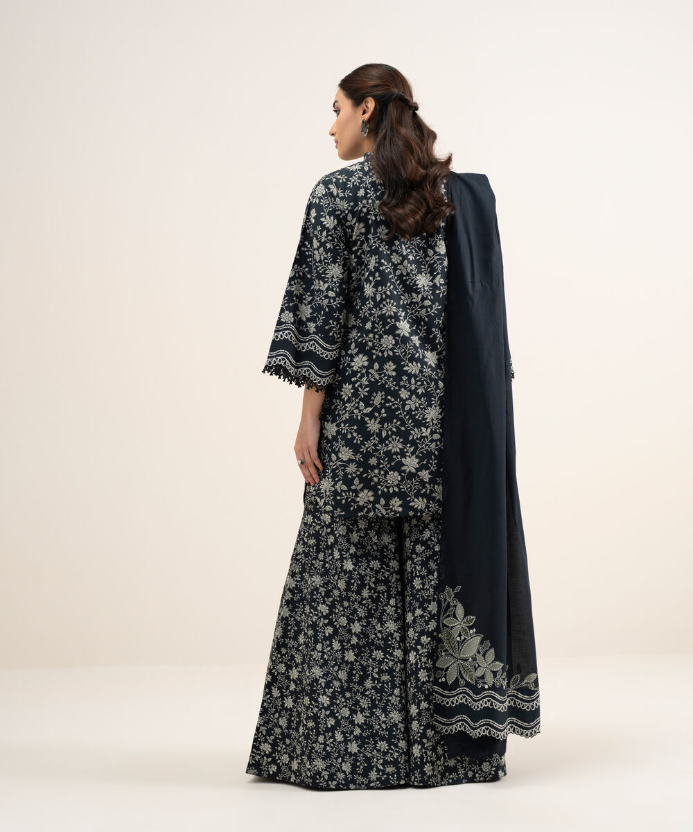 Women's Unstitched Lawn Embroidered Black and Off White 3 Piece Suit