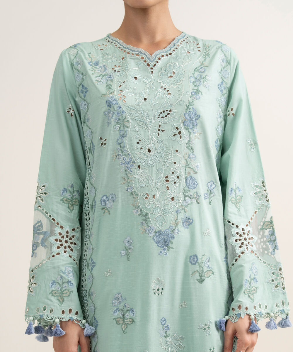Women's Unstitched Slub Lawn Embroidered Sky Blue 3 Piece Suit