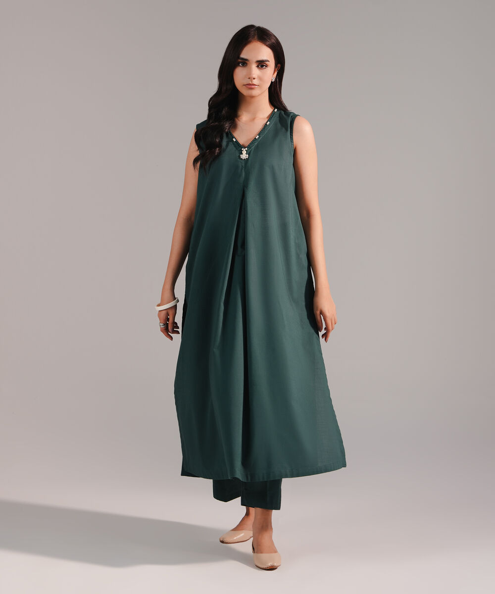 Women's RTW Crosshatch Solid Dark Green Straight Shirt