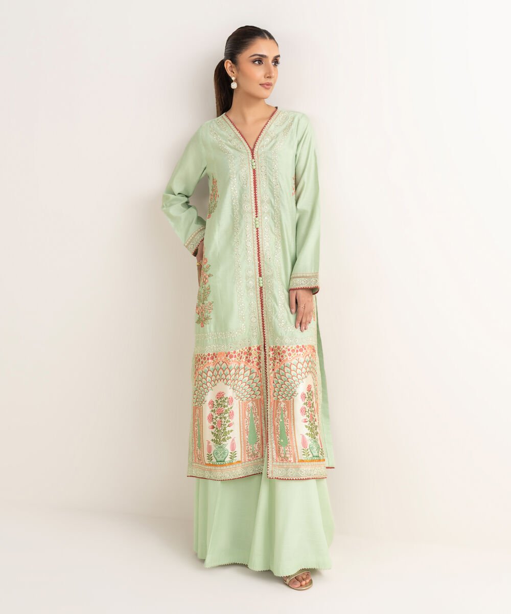 Women's RTW Silk Cotton Net Embroidered A-Line Green Shirt