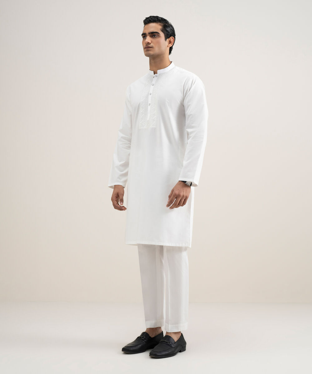 Men's Stitched Cotton Off White Kurta