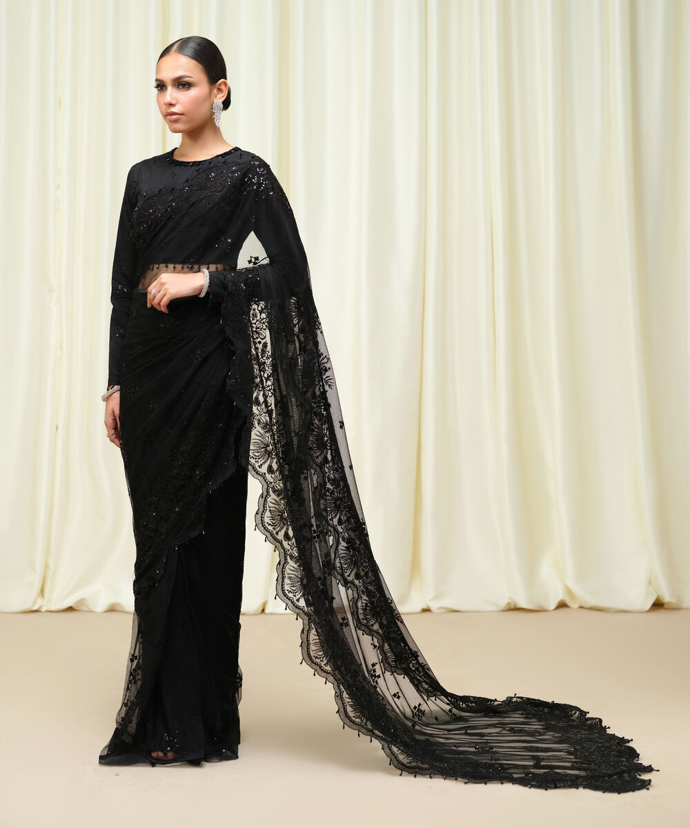 Women's Unstitched Embroidered Net Black Saree