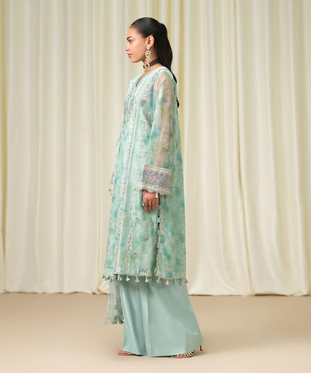 Women's Unstitched Blended Net Embroidered Green 3 Piece Suit