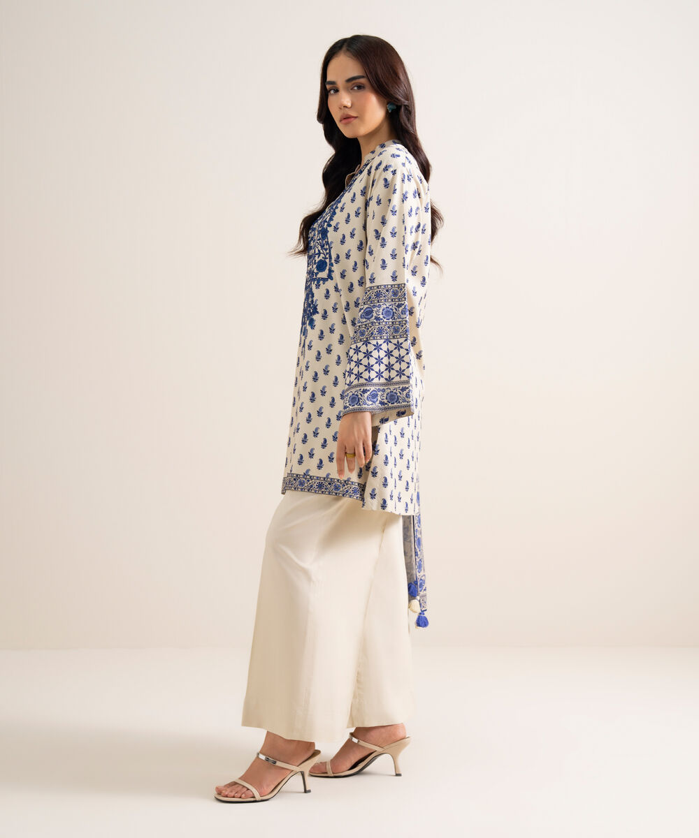 Women's Unstitched Embroidered Linen Offwhite 3 Piece Suit