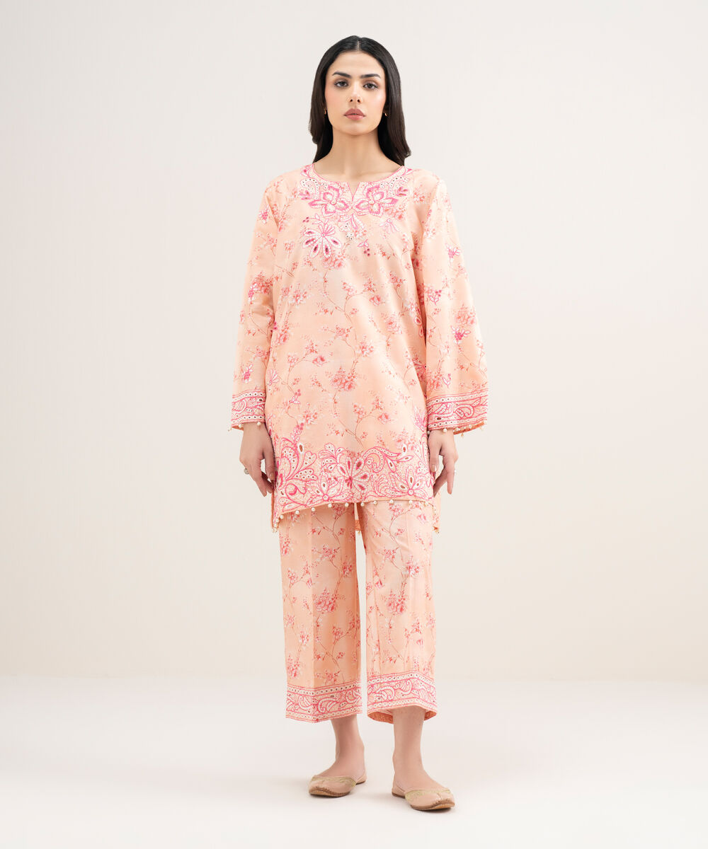 Women's RTW Zari Cotton Embroidered Pink Straight Shirt