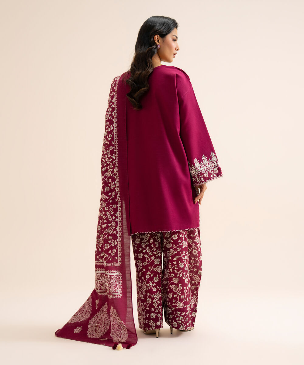 Women's Unstitched Light Khaddar Embroidered Plum 3 Piece Suit