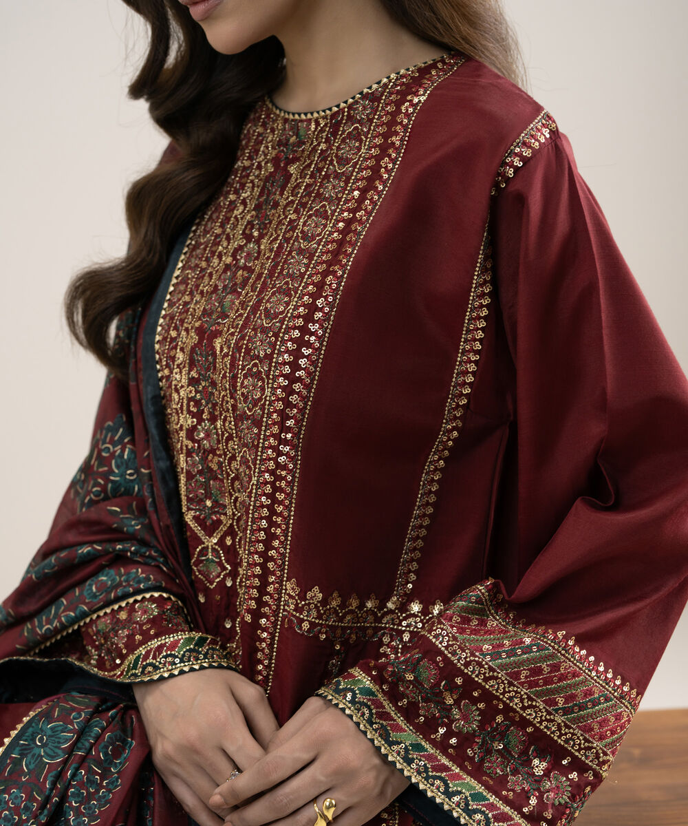 Women's Unstitched Embroidered Blended Raw Silk Red 3 Piece Suit