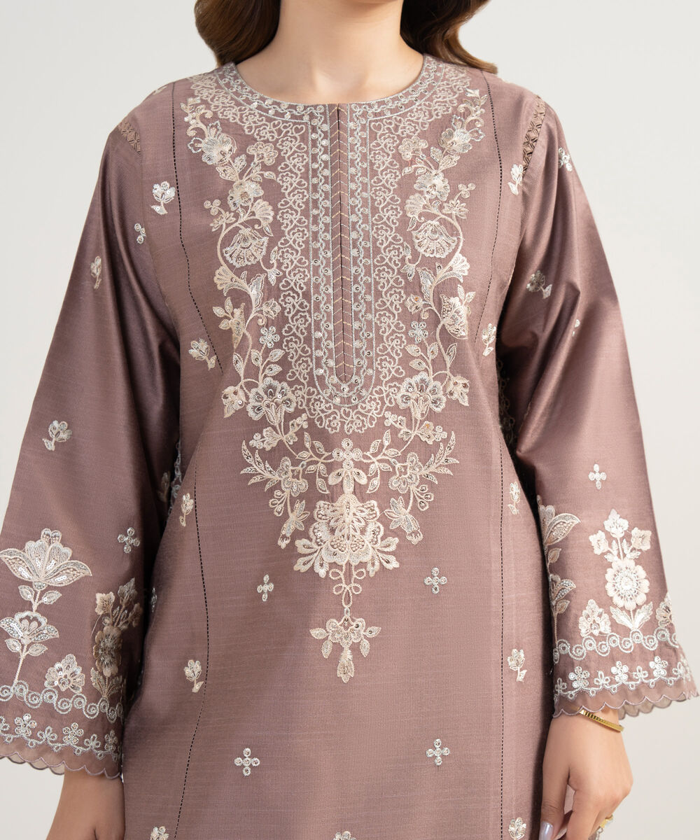 Women's Unstitched Cotton Net Embroidered Pink 3 Piece Suit