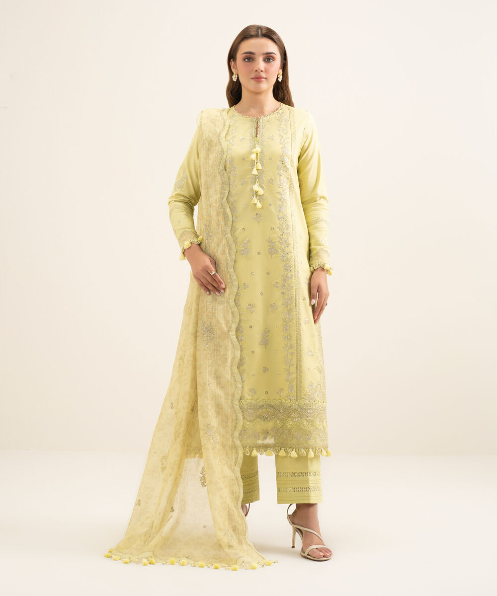 Women's Unstitched Fine Cotton Satin Embroidered Yellow 3 Piece Suit