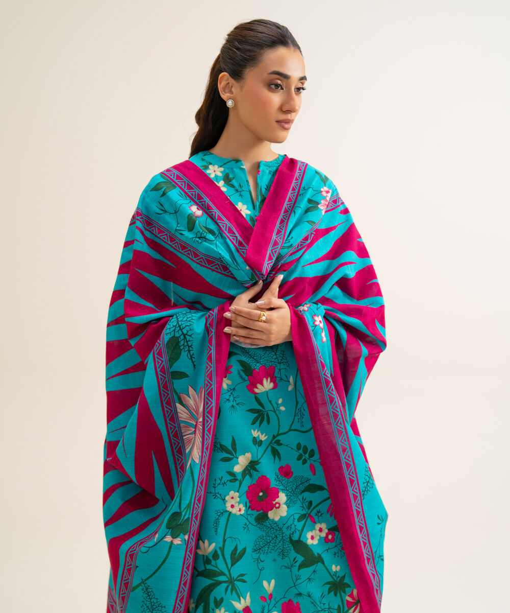 Women's Unstitched Lawn Printed Turquoise 3 Piece Suit