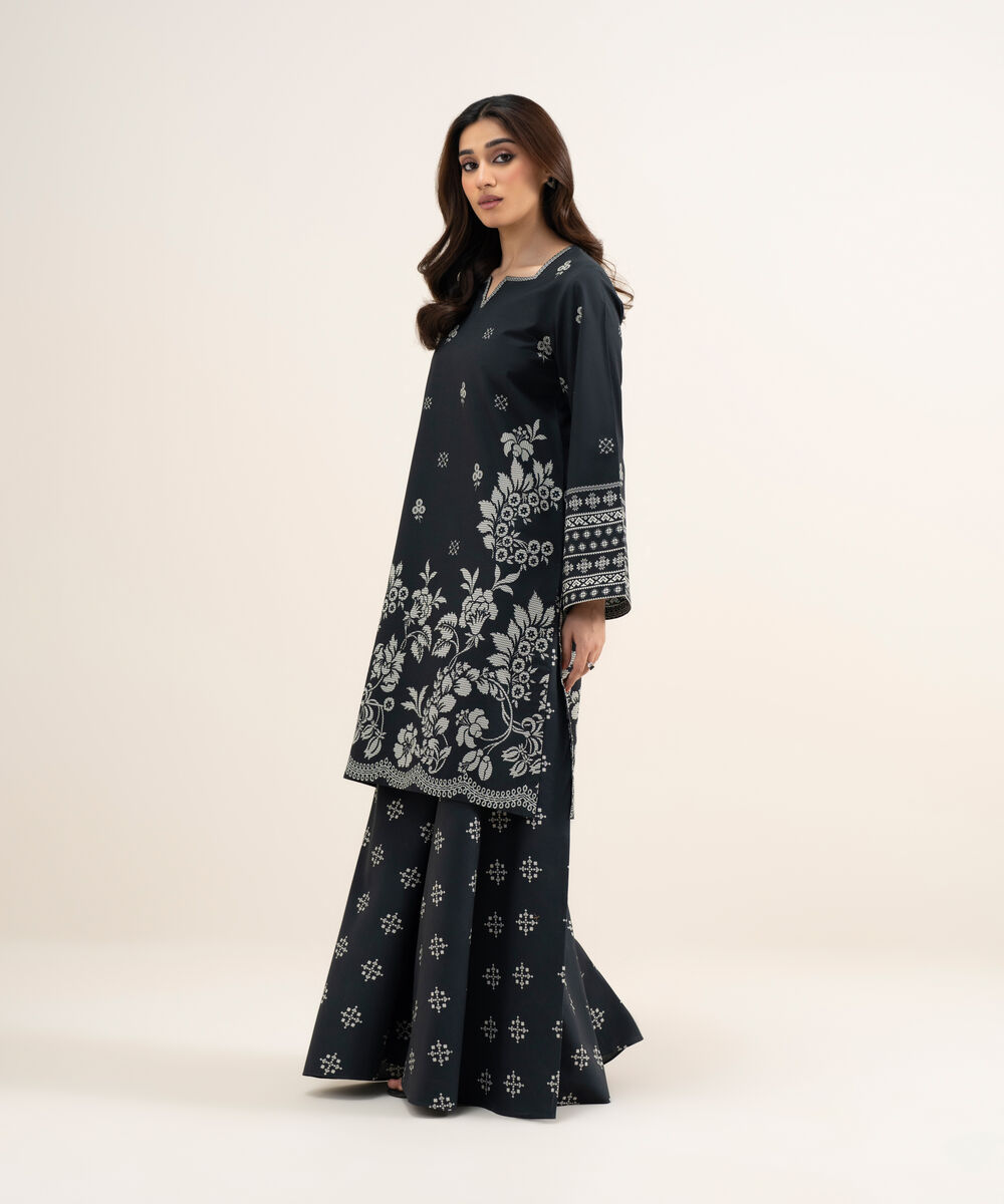 Women's Unstitched Lawn Printed Black and Off White 2 Piece Suit