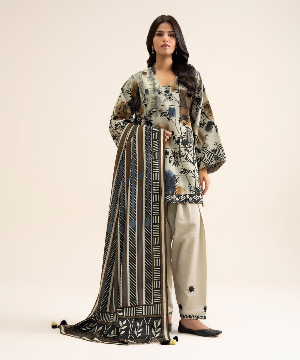 Women's Unstitched Light Khaddar Printed Multi 3 Piece Suit