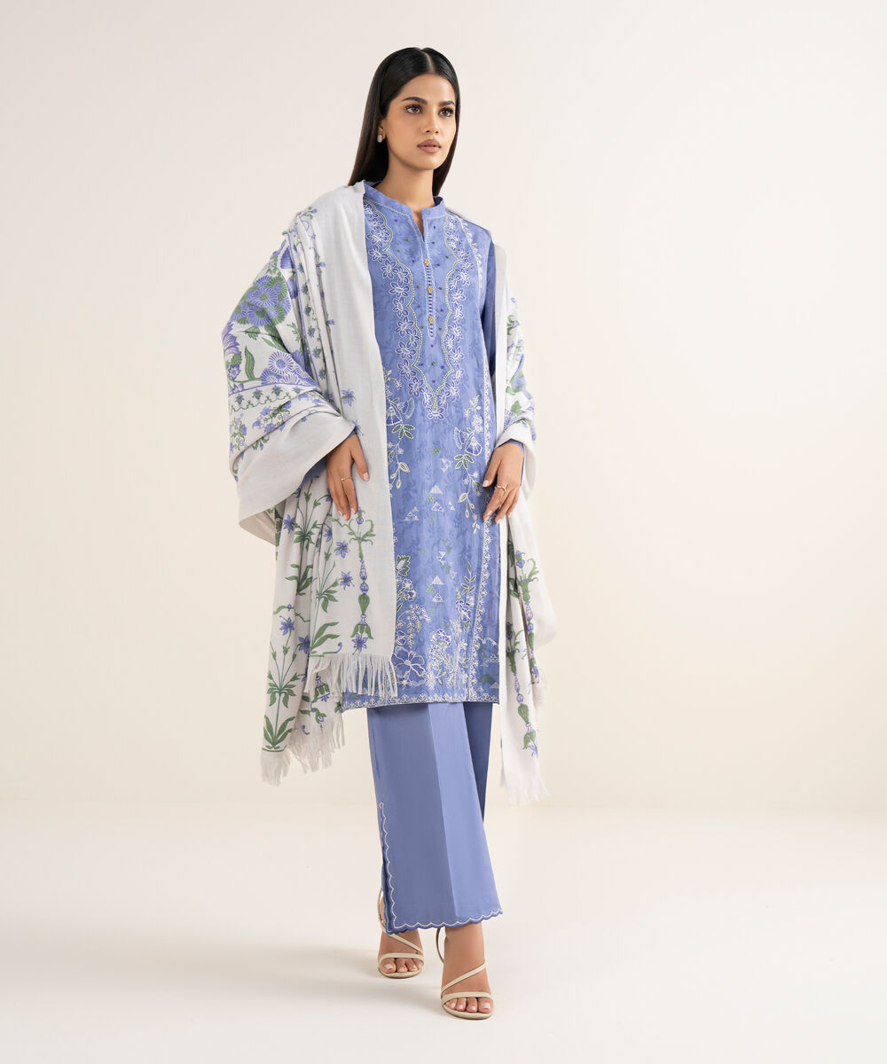 Women's Unstitched Embroidered Cotton Jacquard Blue 3 Piece Suit