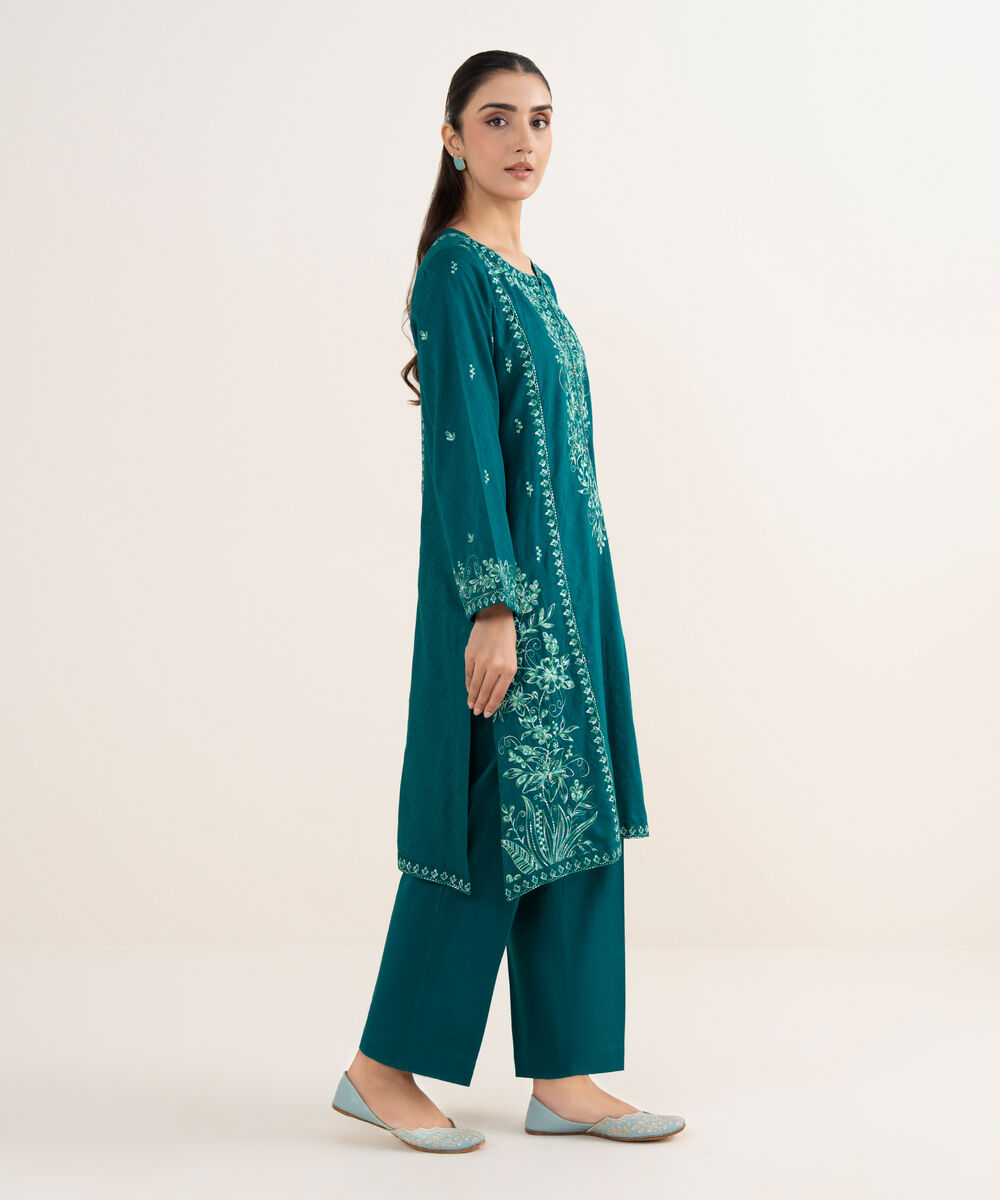 Women's RTW Cotton Embroidered Teal Straight Shirt