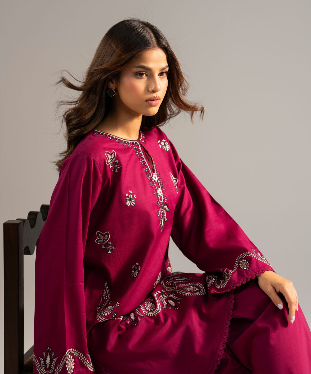 Women's RTW Dobby Embroidered Purple Straight Shirt